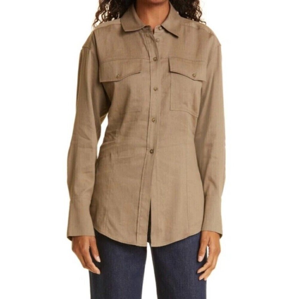 Frame Arie Linen-Blend Shirt in Dest Color Classic Button Up Capsule Wardrobe L